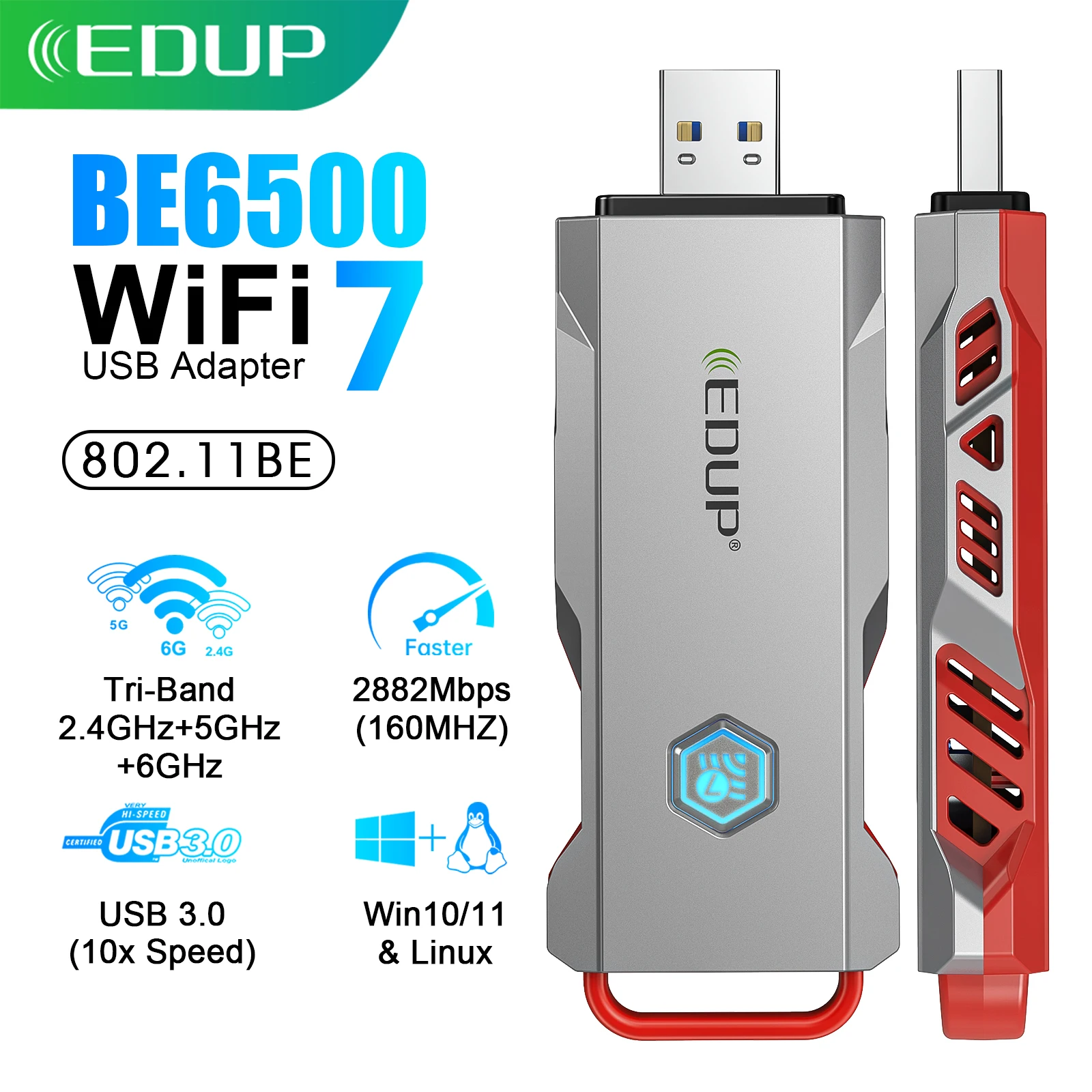 

Wi-Fi адаптер EDUP BE1679 BE6500 USB 7, трехдиапазонный (2.4G/5G/6GHz), 6500 Мбит/с, беспроводная сетевая карта MLO 4K-QAM 160 МГц для Windows 11 и Linux