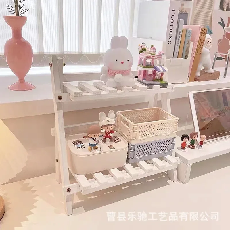 Modern minimalist solid wood desktop shelving for home storage, doll book display shelving