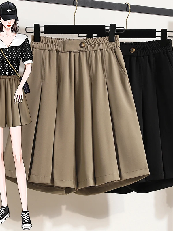 

Шорты-костюмные брюки больших размеров, повседневные, свободные, с широкими штанинами, с высокой талией, на резинке, прямого кроя, с высоким разрезом, летние, модные, женские