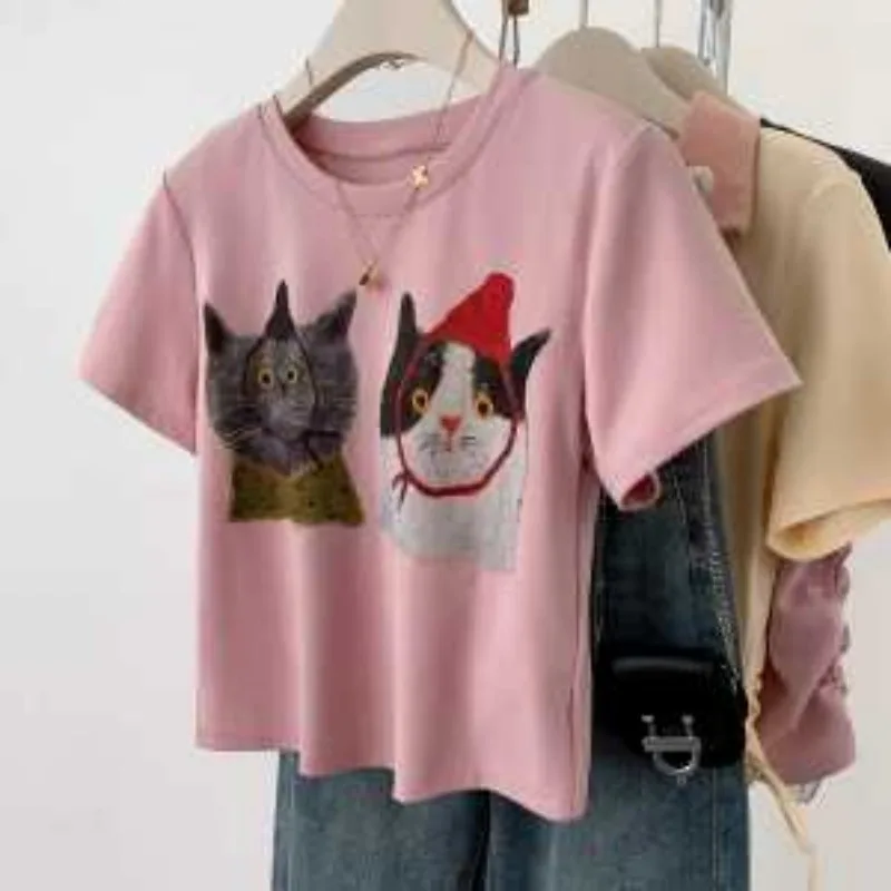 Women's Cat Print Crop Top T-Shirt - Short Sleeve