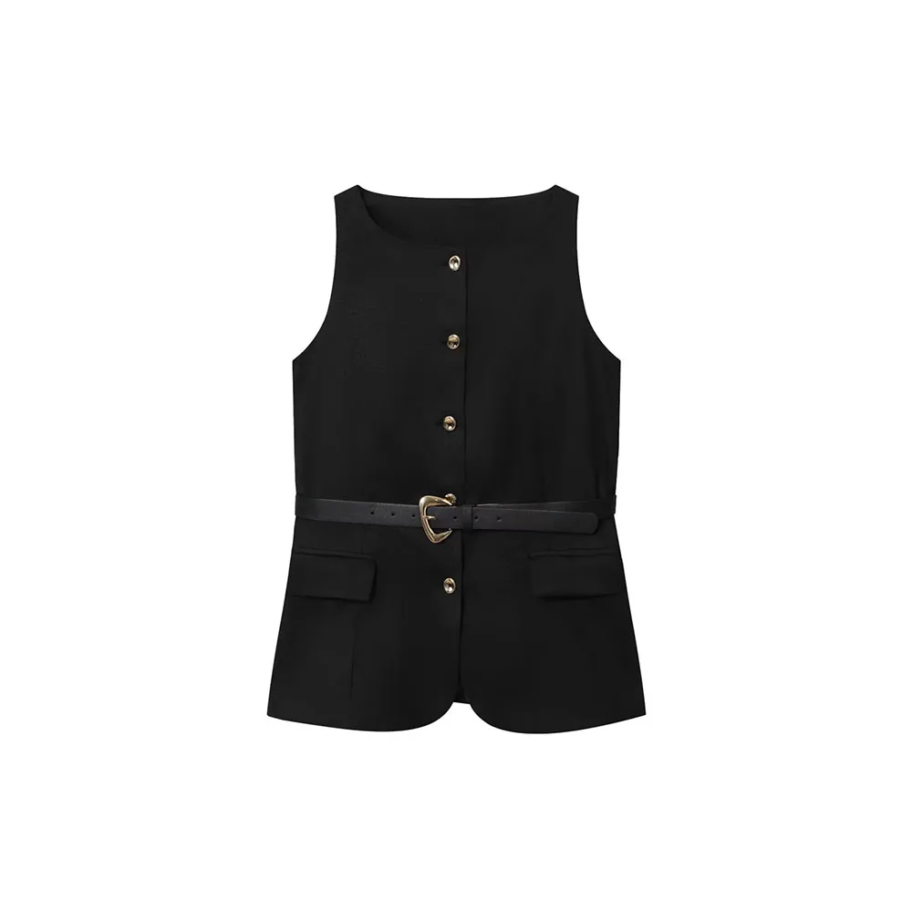 

Осенний новый женский жилет без рукавов с круглым вырезом и пуговицами на талии, облегающий топ