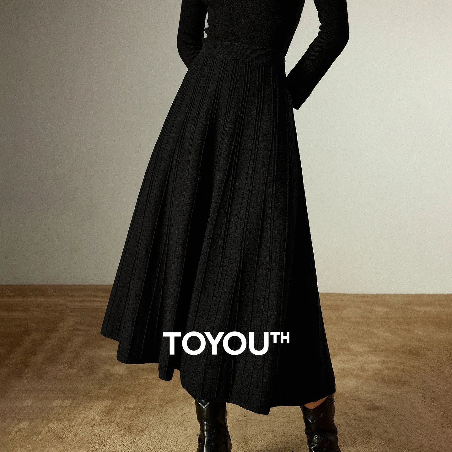 TOYOUTH Women Midi Skirts 2025 Winter New Back Elastic Waist 3D Rib Knitted Black Versatile Umbrella-style Skirts