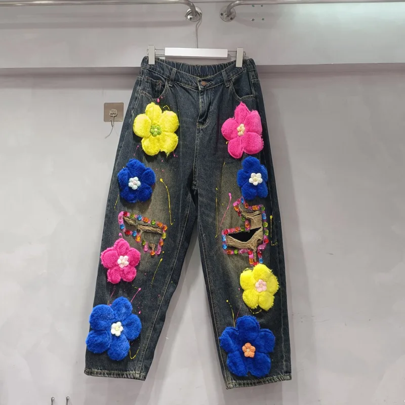 DEAT Women's Jeans High Waist Knitted Colorful 3d Flowers Brokwn Holes Wide Leg Denim Pants 2025 New Fashion Spring 29L9151