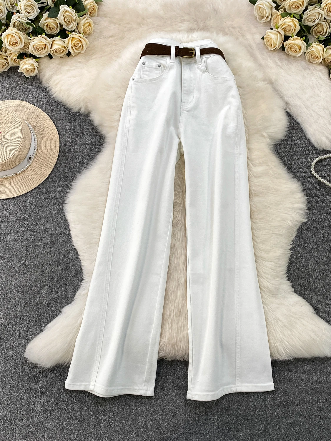 

American Retro Waed White Denim Wide Leg Pants Women's High Waist Slimming Casual Straight Long Trousers