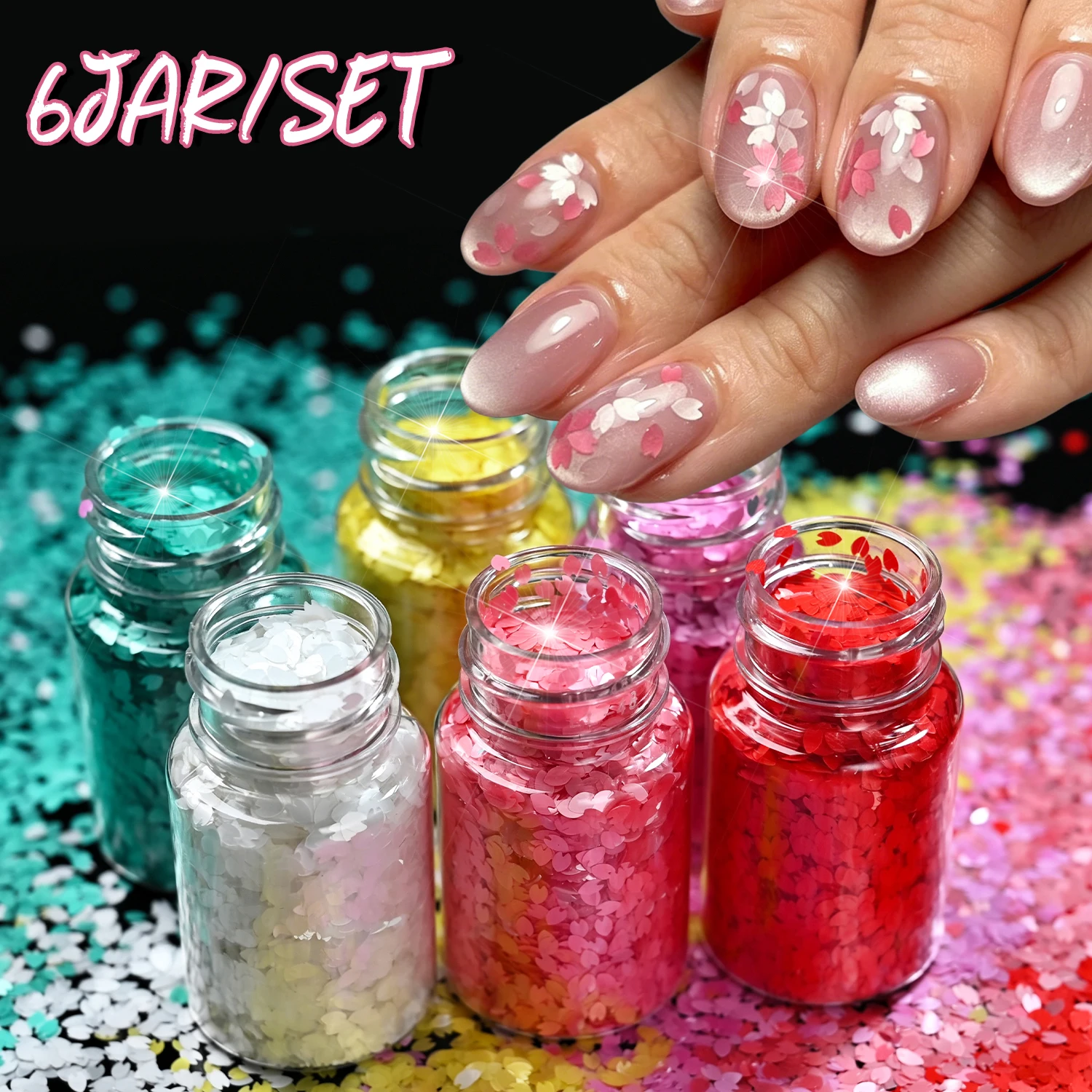 

6Jars Cherry Blossom Nail Glitter Sequins Holographic Flower Shaped Nail Flakes Sparkle Nail Decors for Festival Party Manicure*