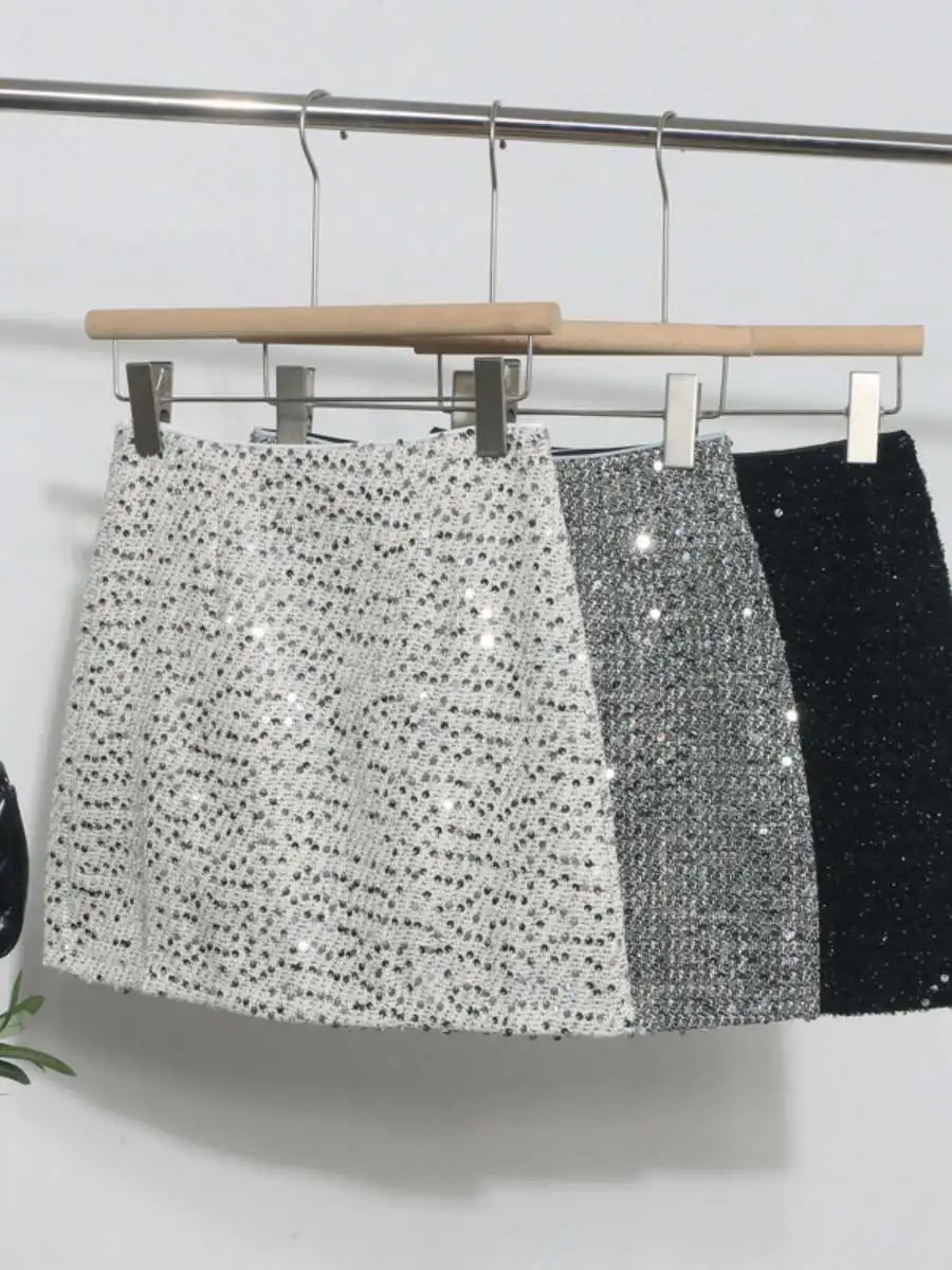 

Женская сексуальная короткая юбка с пайетками в американском стиле, серебристая, блестящая, с защитой от просвечивания, маленький размер, А-силуэт