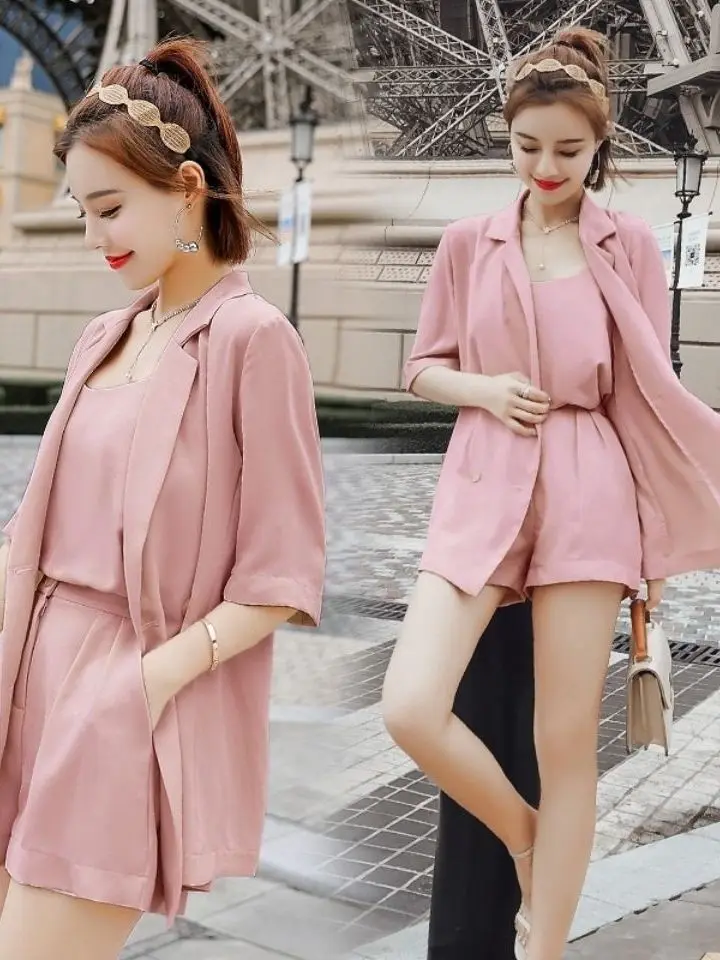 

Stylish Three-Piece Set Women's plus Size Summer Clothing Strap Suit Jacket Slimming Shorts Popular Trend This Year