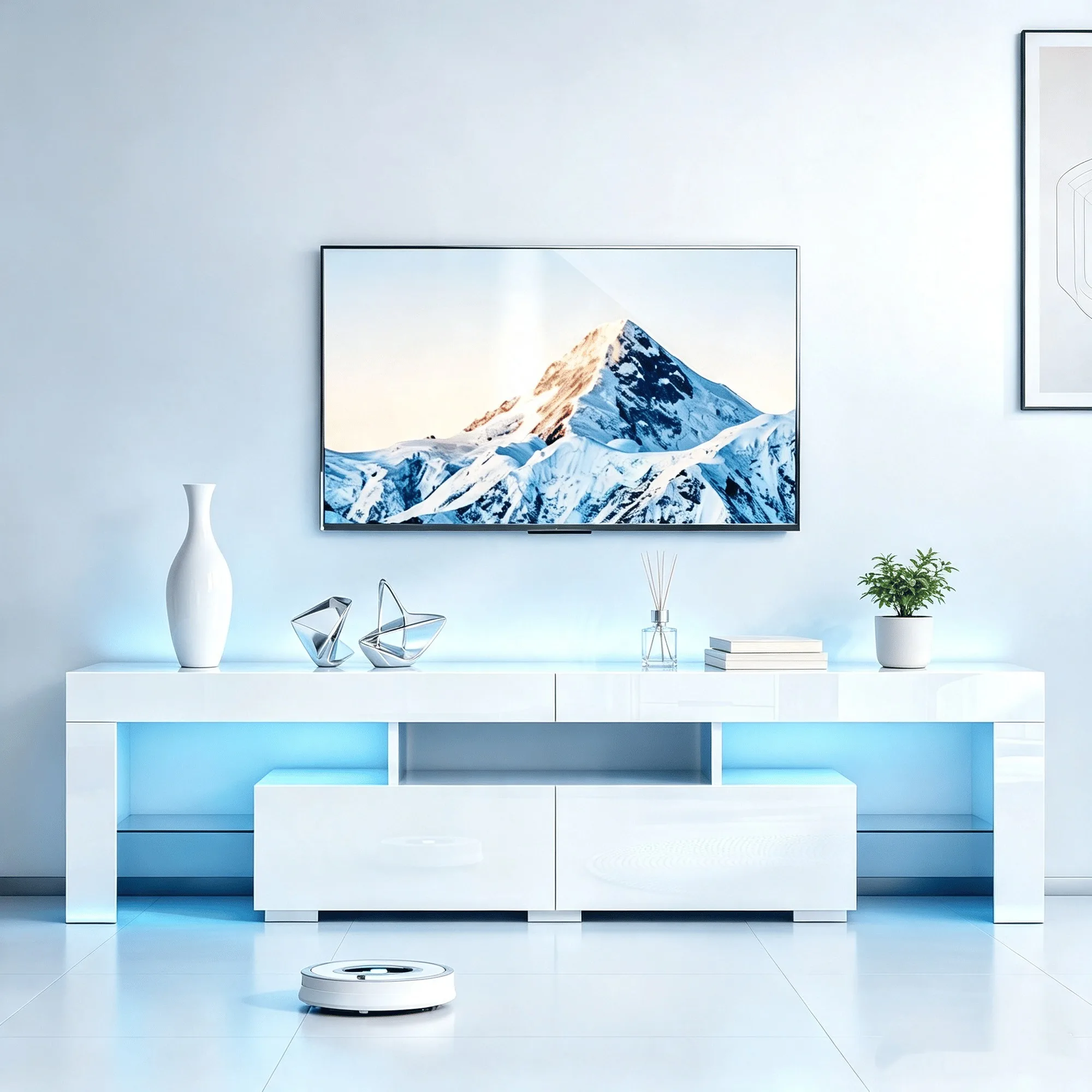 RGB LED TV Stand 70 Inch White High Gloss Entertainment Center Media Console Table MDF TV Cabinet with Drawers