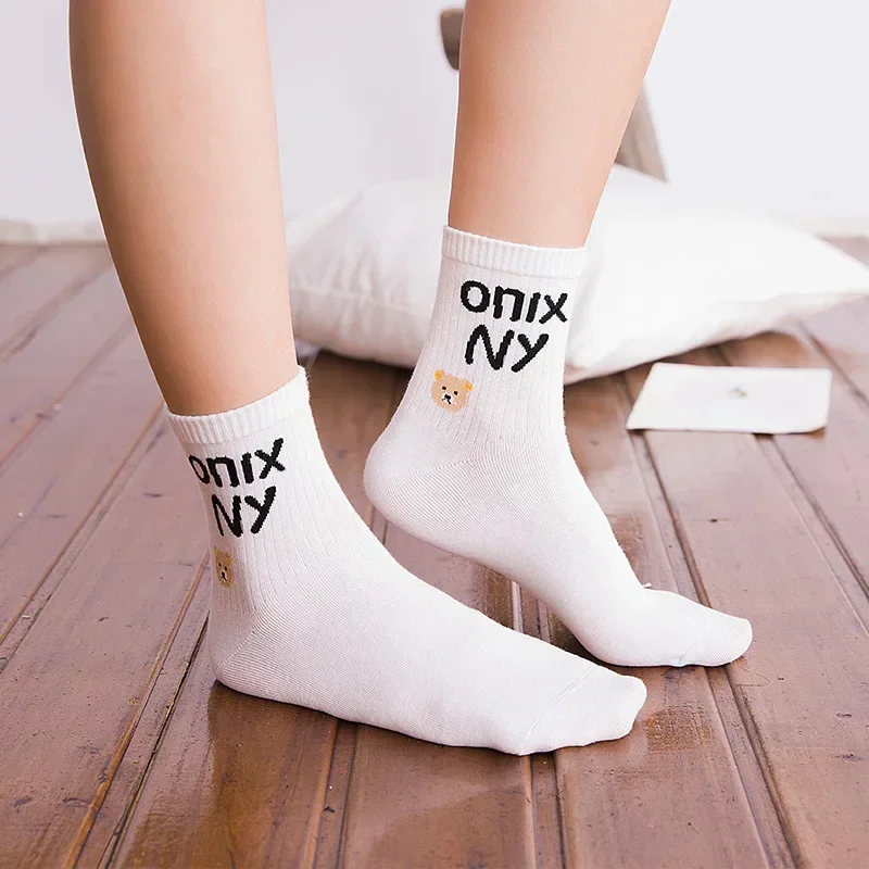 Cute Bears Socks Women Fashion Casual Letters Pattern Sock Female Low Tube Cotton Breathable Socks Girls Kawaii Soft Calcetines