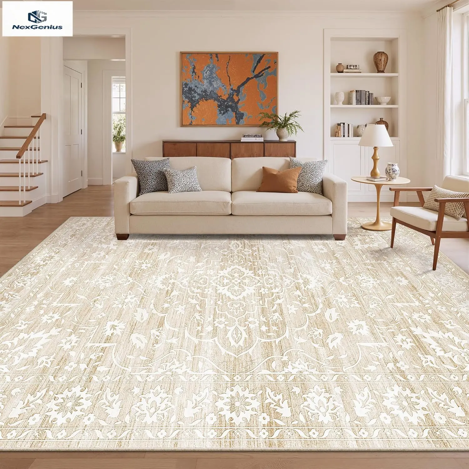 

Vintage Floral Non Slip Low Pile Natural Soft Throw Area Rug For Living Room Dining Room Bedroom Farmhouse Home Office Washable