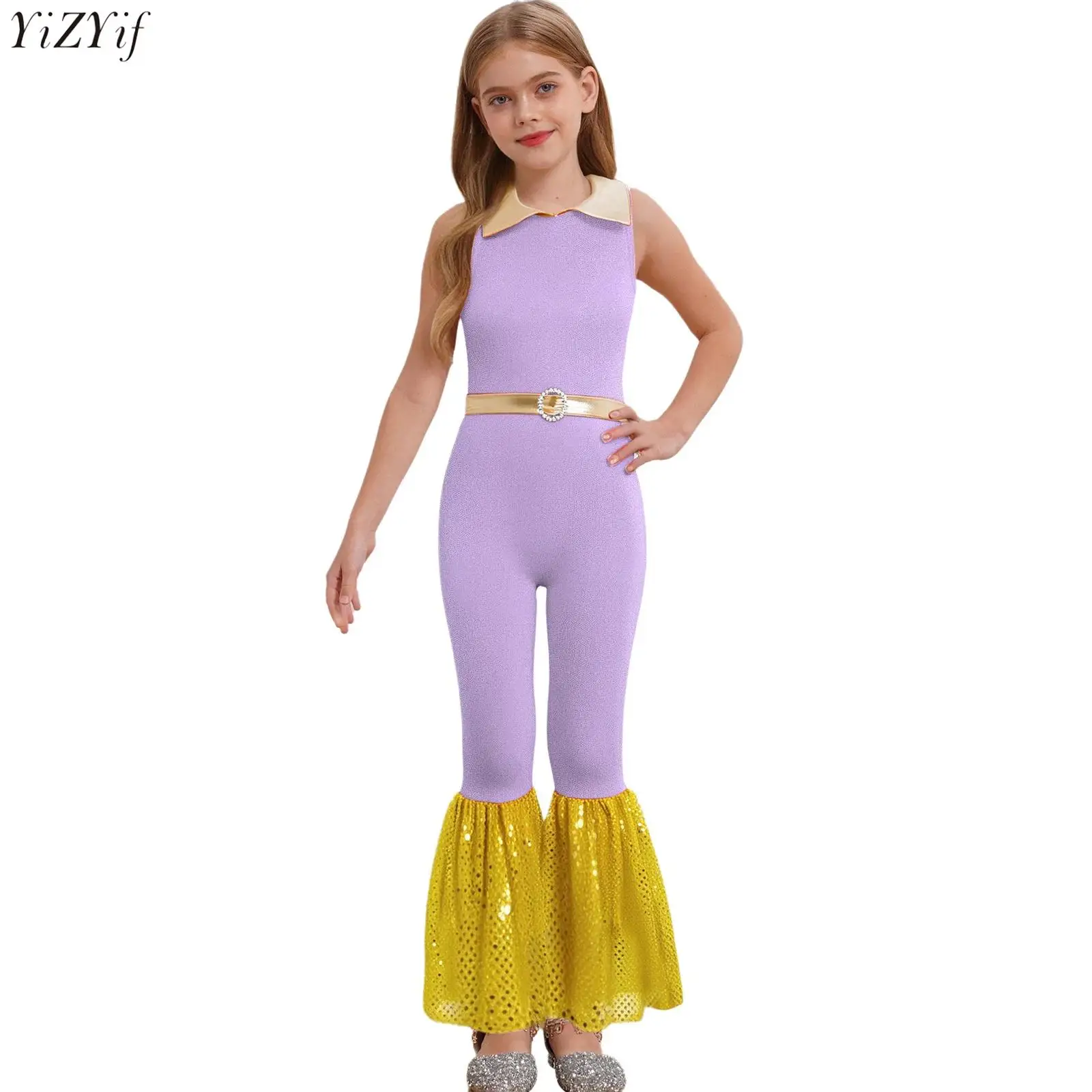 

Kids Girls Jazz Disco Dance Jumpsuit Sleeveless Metallic Mini Dots Sequins Bell-Bottomed Rompers Party Stage Performance Costume
