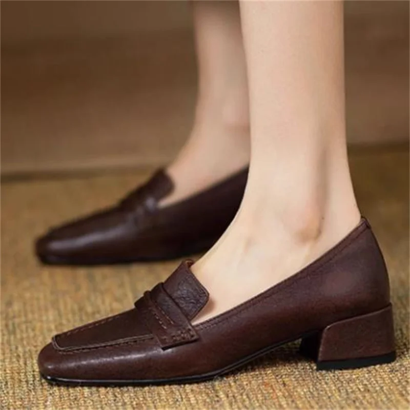 

Sewing Lines Shoes for Ladies Square Toes Women Churry High Heels Leather Female Loafers Solid Chassure Femme Shallow Tacones