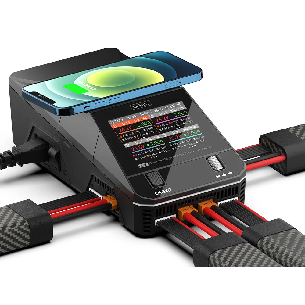 

ToolkitRC Q6AC Charger AC 400W / DC 1000W 4CH 65W USB Fast Charging, 15W Wireless LiPo LiHv LiFe Lilon LTO 1-6S