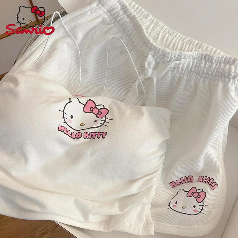 Sanrio Kawaii Hello Kitty Cute Cartoon Suspenders Set Women Summer New Girls Students Sweet Drawstring Shorts Homewear Outside