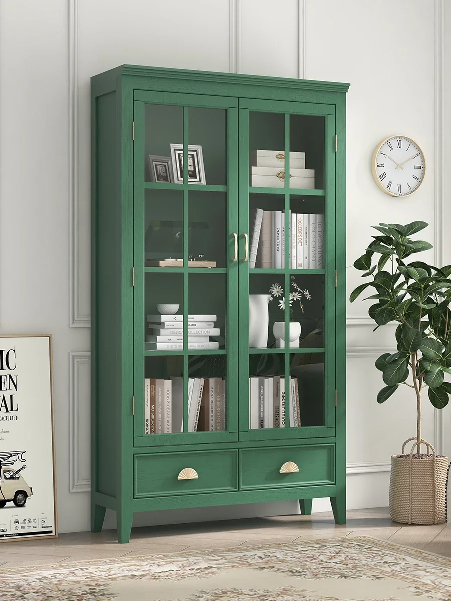 American Style Dark Green Retro Bookcase Bedroom Living Room Wall Floor Wine Cabinet with Door