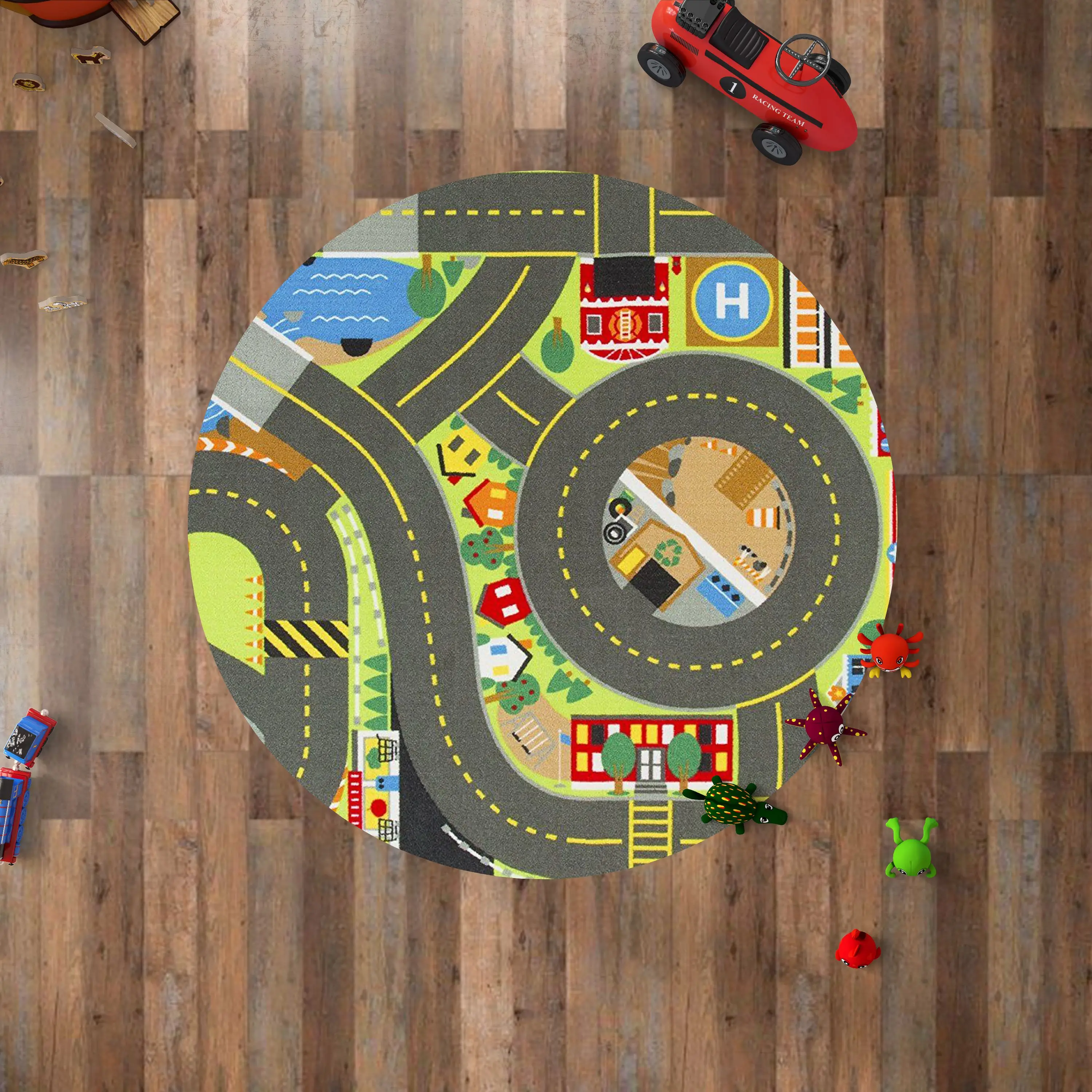 Round Area Rug City Road Map Traffic Buildings Fire Station Helipad Print for Living Room Decor