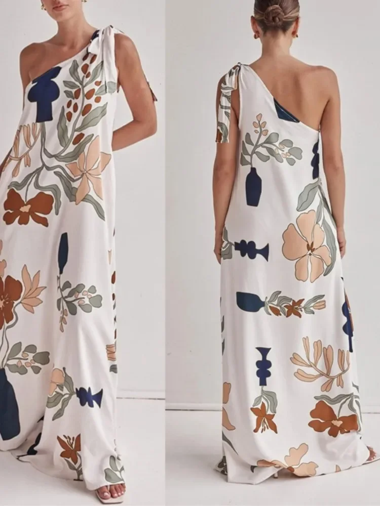 Women Sexy Beach Dress 2025 Swimwear Boho Bikini Cover Up Kimono Sleeveless Robe Dress Flower Printing Diagonal Neck Maxi Dress