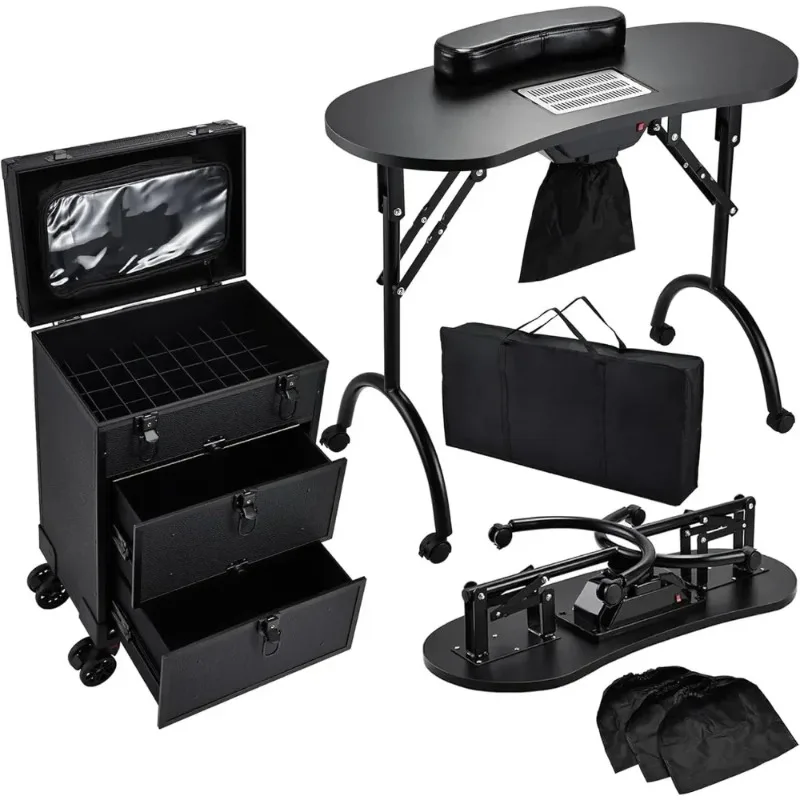 

Rolling Makeup Train Case with 2 Extra Large Drawers Nail Organizer Case Foldable Nail Table with Electric Dust Collector
