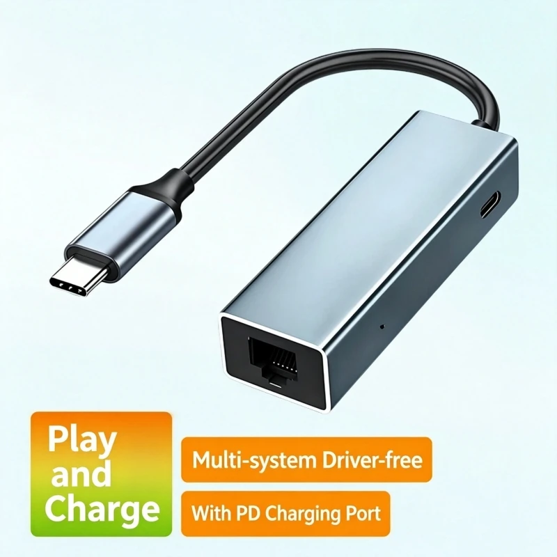 USB Type-C Gigabit LAN Adapter RJ45 Ethernet Port Extender with PD Pass-Through Charging Driver-Free Plug and Play