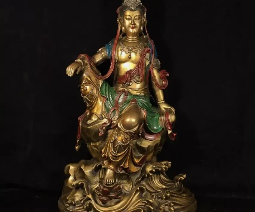 Ancient China Buddhism temple bronze Gilt painted Kwan-Yin GuanYin Buddha statue