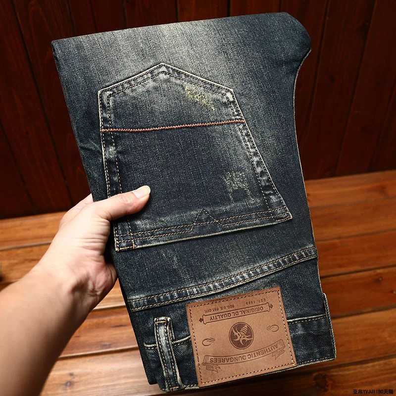 

Vintage Nostalgic Men's Slim Fit Straight Jeans Spring Autumn Elastic Versatile Casual Fashion Classic Street Long Pants