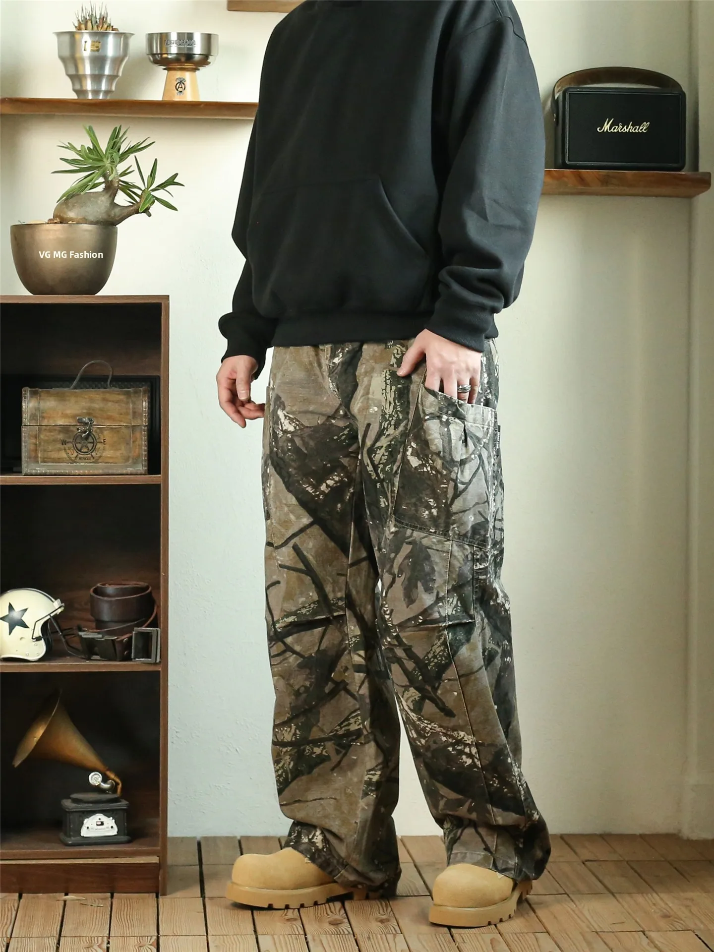 

American High Street Camouflage Wide Leg Pants Loose Straight Workwear Outdoor Men's Faion Spring Autumn Tree Branch Pattern