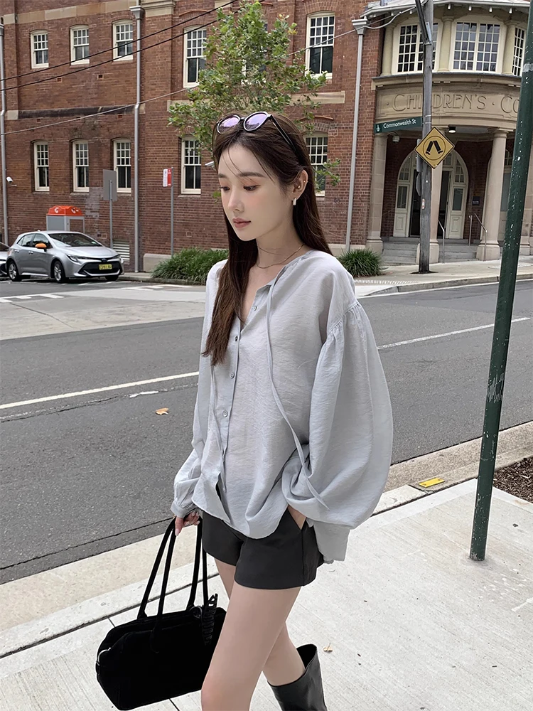 

Liangliang Gentle Summer New Loose Casual Thin Sun Protection irt Women's Silk Lyocell Long Sve round Ne Mid-Length irt
