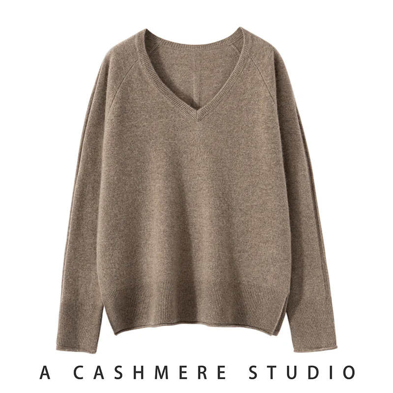 2024 Autumn And Winter New Women Sweater 100% Cashmere Women\'s V-Neck Pullover Soft Warm Loose Jumper Solid Knit Fashion Shirt