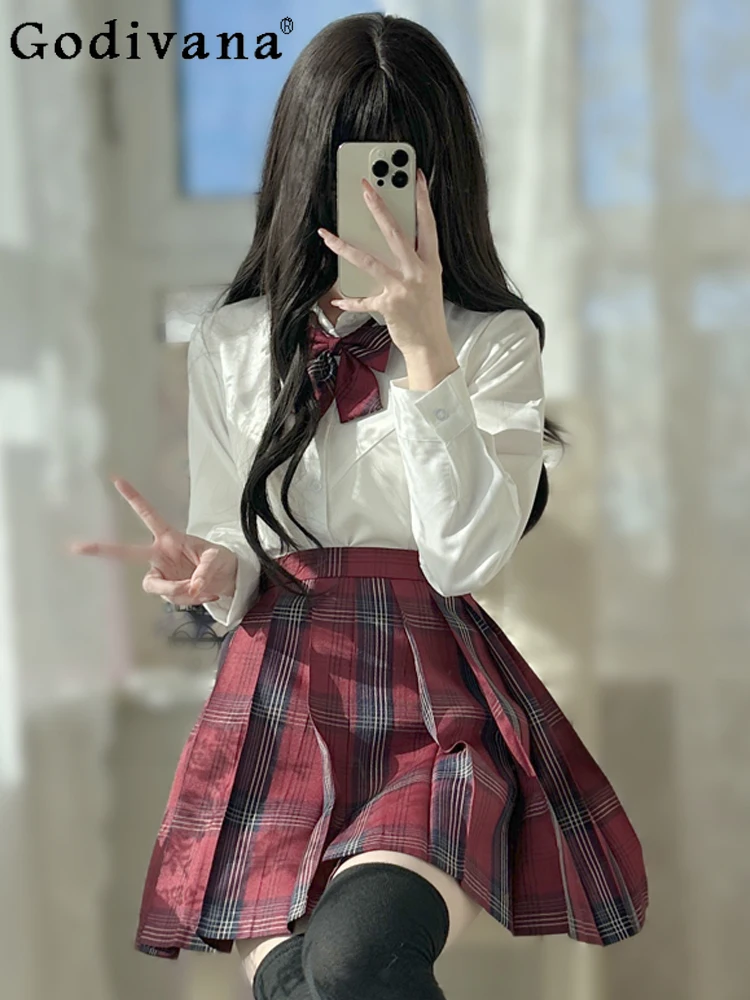 

Japanese Sweet JK College Sexy Slim Long Sleeve Shirt Girl Spring Autumn High Waist Versatile Age-reducing Pleated Skirt Sets