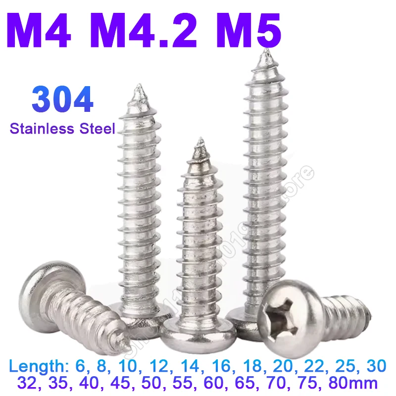 

M4 M4.2 M5 Small 304 Stainless Steel Cross Recessed Round Head Self-Tapping Screw Phillips Pan Head Wood Screws Length 6-80mm