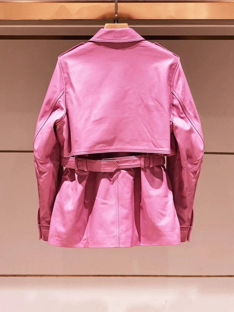 Vintage Motorcycle Style Leather Coats Women 2025New High Quality Pink PU High Waist Jacket Fall/Winter Elegant Fashion Coat Top