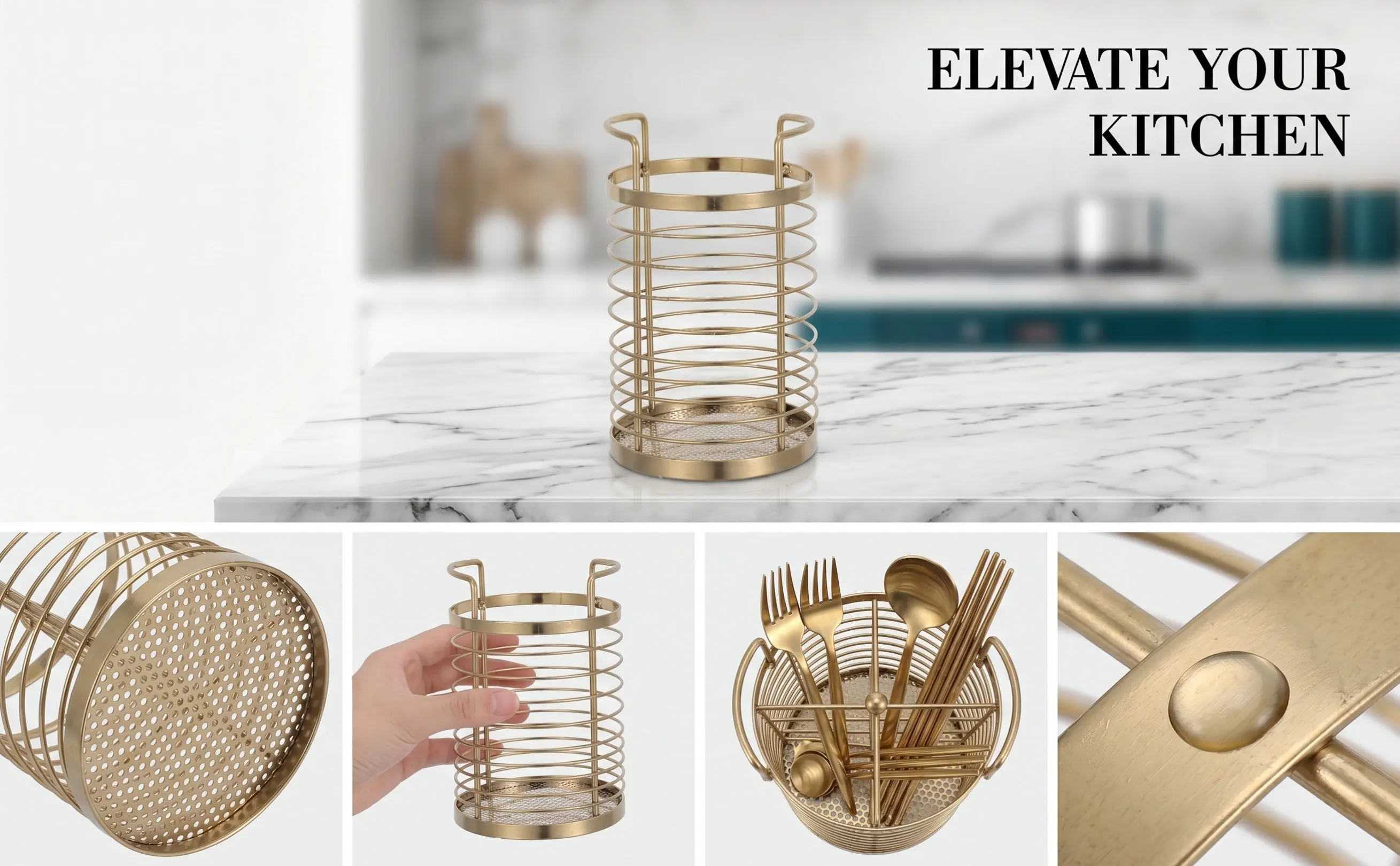 Rotating Kitchen Utensil Holder Stainless Steel Gold Chopstick Organizer 4 Section Cutlery Storage Basket Drying Rack