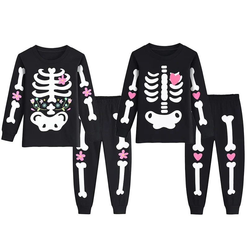 Little Hand Girls Halloween Skeleton Pajama Flower Heart Print Ribcage Bone Long Sleeve Two Piece Sleepwear for Kids 2‑7 Years