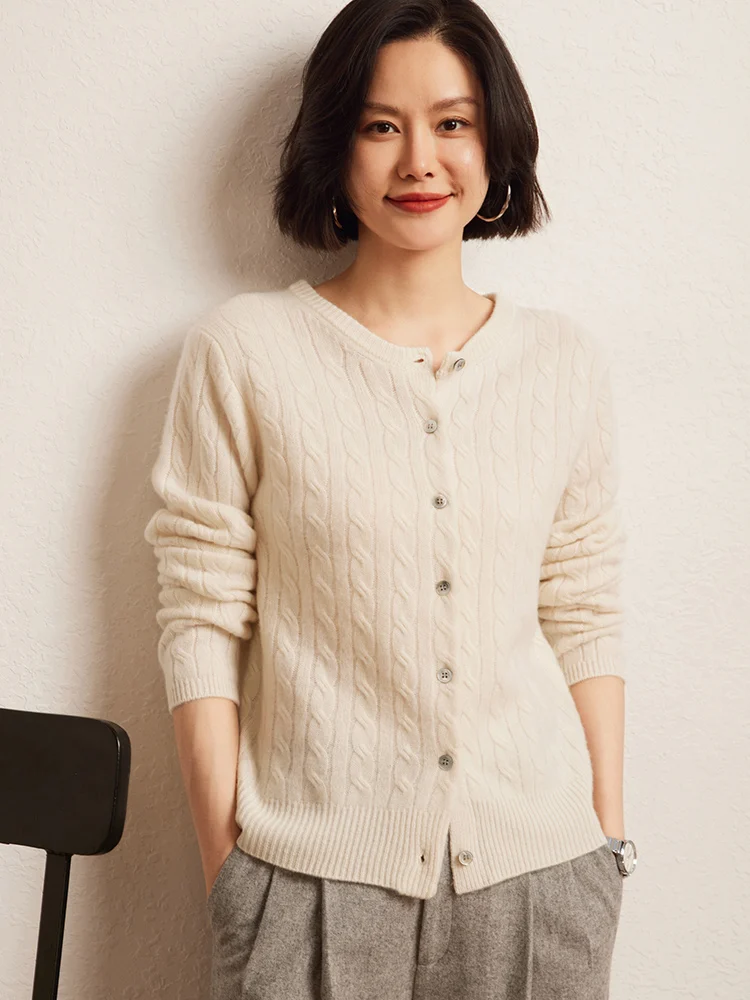 

100% Cashmere Cardigan Sweater Woman New O-neck Soild Twist Flower Autumn Winter Casual Loose Soft Comfort Kint Long Sleeve Tops