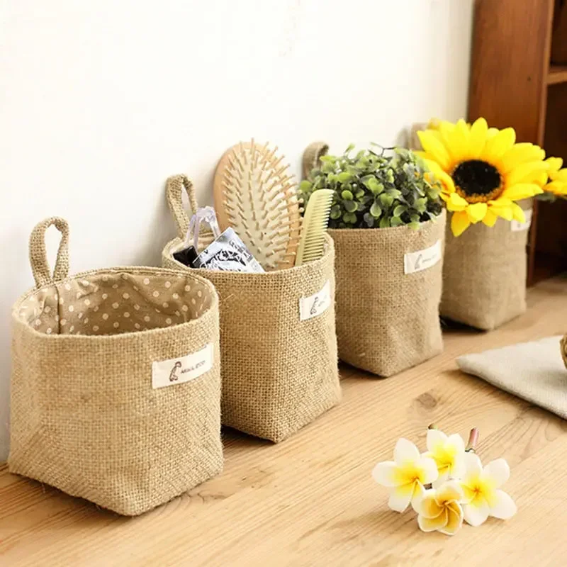 Jute Cotton Linen Storage Bag Home Organization and Storage Organizer Basket for Cosmetic Sundries Storage Box Decor