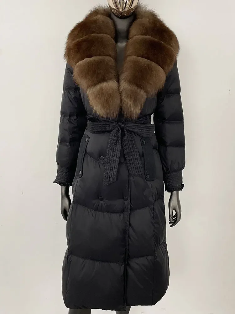 MENINA Hot Selling New Luxury Women Raccoon Fur Collar Hooded Real Fox Fur Coat White Duck Down Parka Bomber Jacket Winter Coat