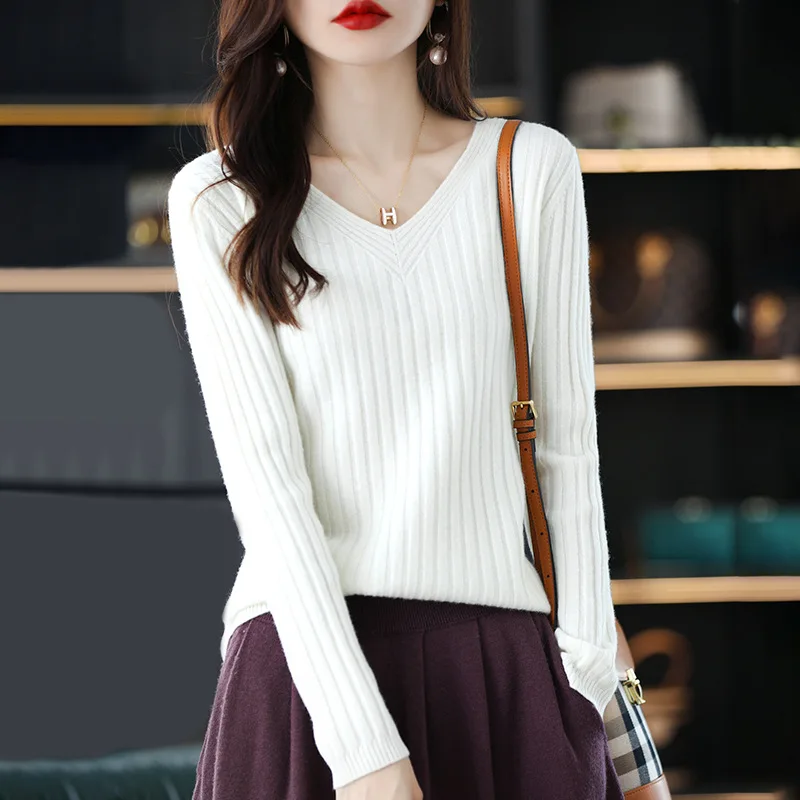 New Solid Color V Neck Knitted Sweater Temperament Fashion Long Sleeve Woman Slimming Pullovers Comfortable Soft Warm Tops