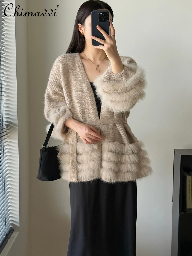 

2025 Autumn New Fashion Loose Waist Fox Fur Patchwork Knitted Cardigan High-end Long Sleeve Loose Elegant Sweater Coat for Women