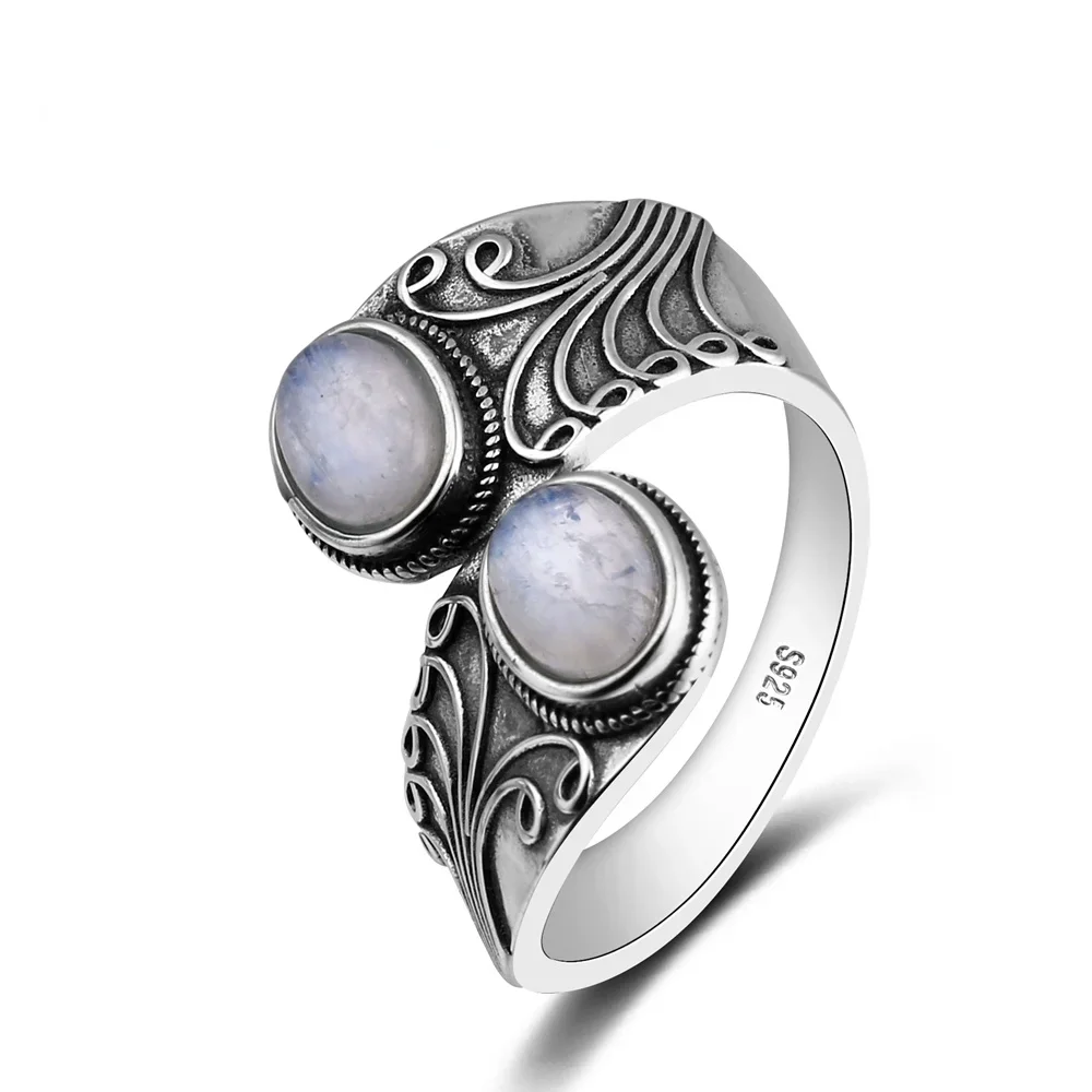 925 Sterling Silver Naturalny pierścionek z kamieniem księżycowym dla mężczyzn Kobiety Kreatywny projekt Drobna biżuteria Impreza Urodzinowa Prezent Akcesoria — zdjęcie 3