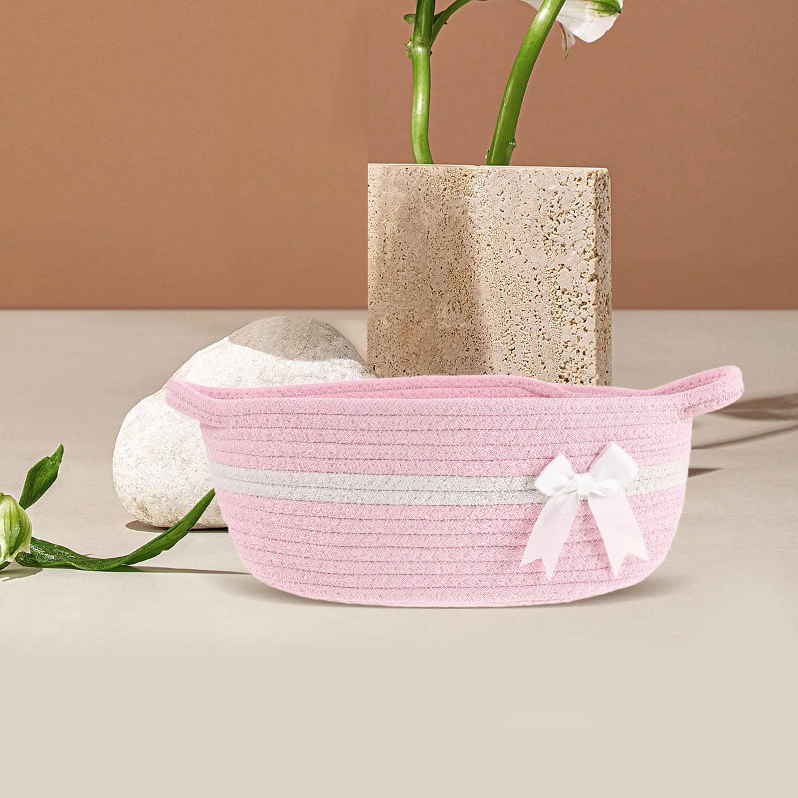 Cesta de regalo de Navidad vacía con lazo, cesta de almacenamiento de cuerda de algodón tejida con asas, 13.6x6x5 pulgadas, para baby shower, boda, bolsa transparente con cinta