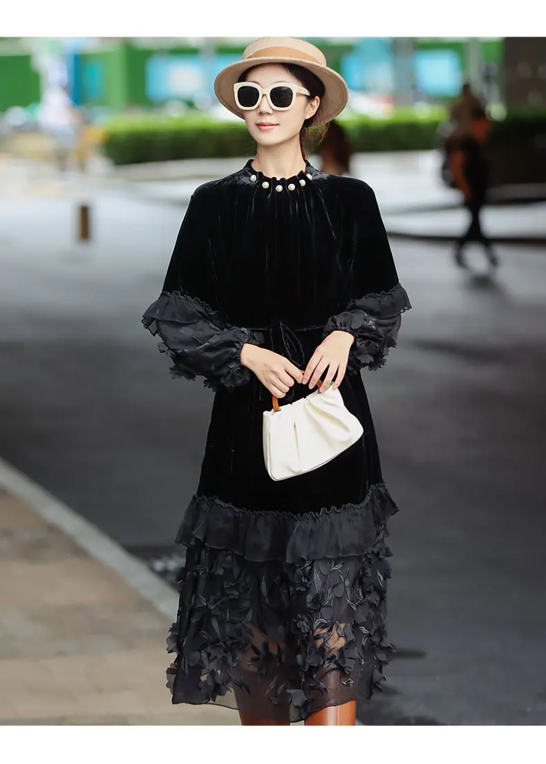 Autumn New Vintage O-Neck Beading Luxury High Grade Embroidered Floating Flower Design Silk Spliced Velvet Woman Dress One Size