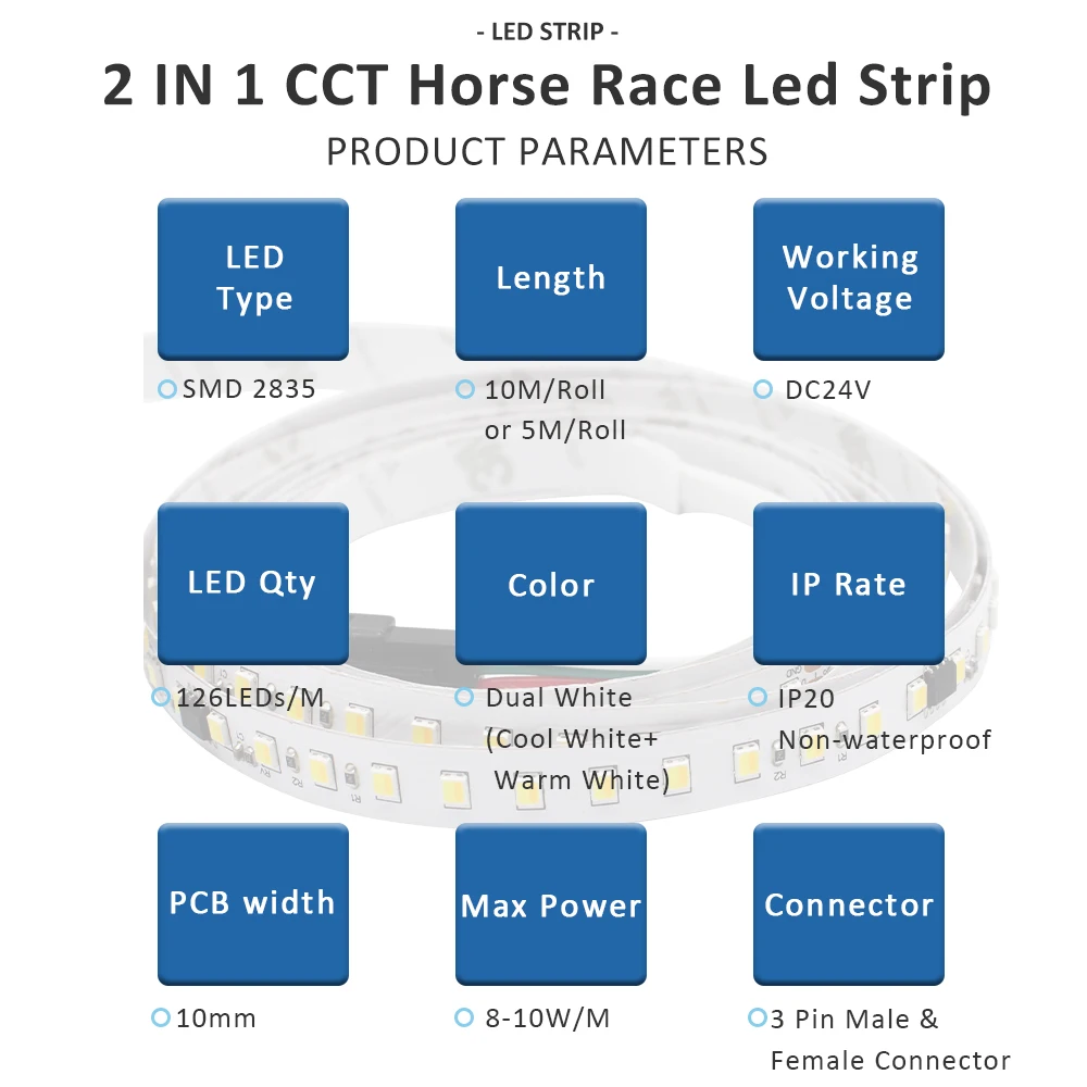 CCT 24V DC Horse Racing LED Strip Light 5M 10M 15M 20M 1903 IC Dual Color Running Water Flexible Tape Touch Wireless Control Set