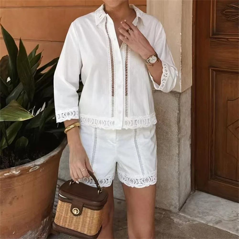 2024 Autumn New Women\'s Clothing European And American Style Fashionable Casual Temperament Crochet Shirt Comfortable Shorts Set