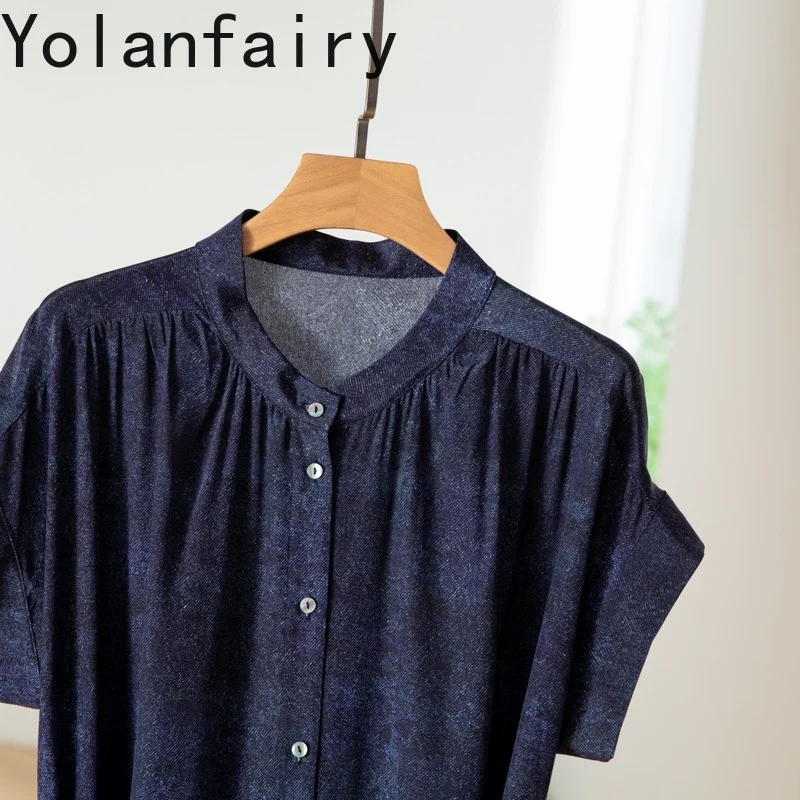 YOLANFAIRY 100% Pure Mulberry Silk Dresses 2025 Woman Fashion Denim Printed Short-sleeved Dress Lace-up Office Wear Long Dresses
