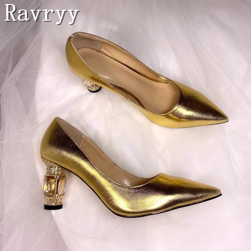 

Pointed Toe Crystal Heels Genuine Leather Pumps Women Spring New Shallow Mouth 8cm Thick Heels Single Shoes for Wedding Party
