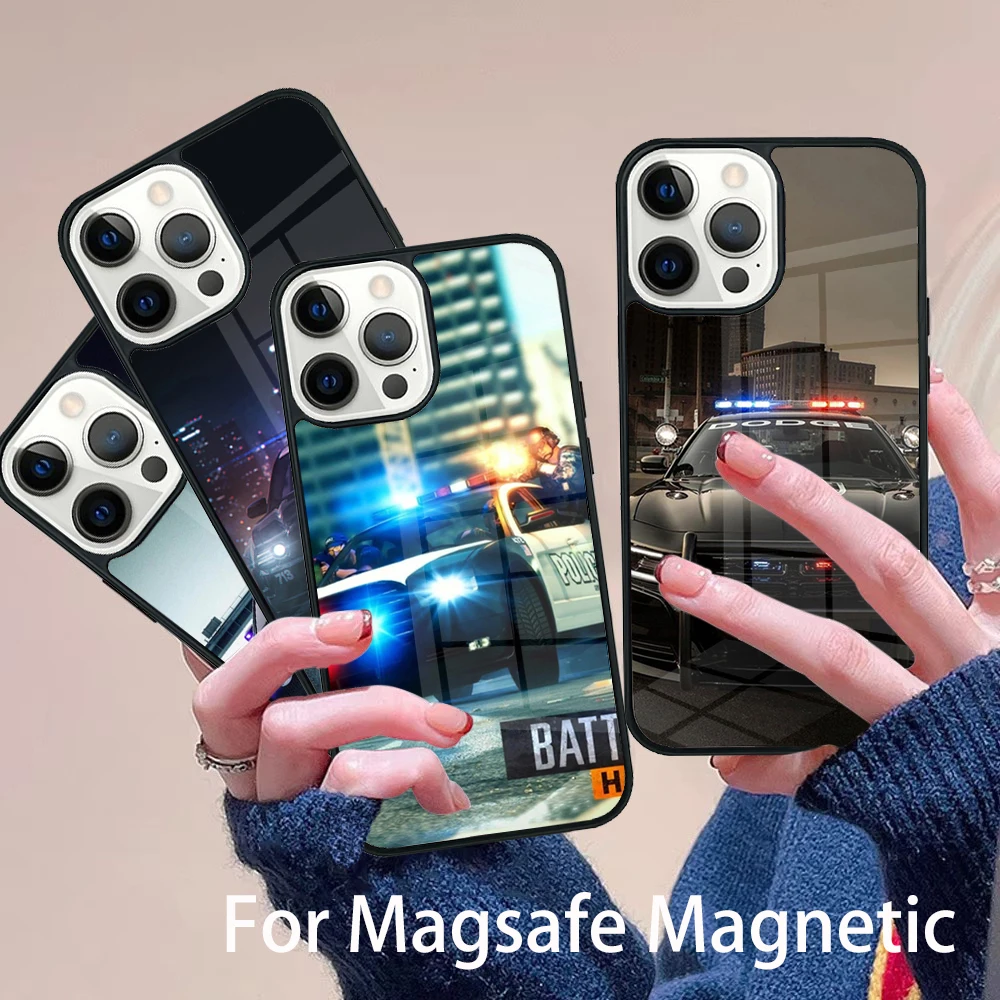 

Police Cars Light At Night Phone Case Magesafe Magnetic Wireless Charge Cover For IPhone 16 11 12 13 14 15 Pro Max Plus Mini