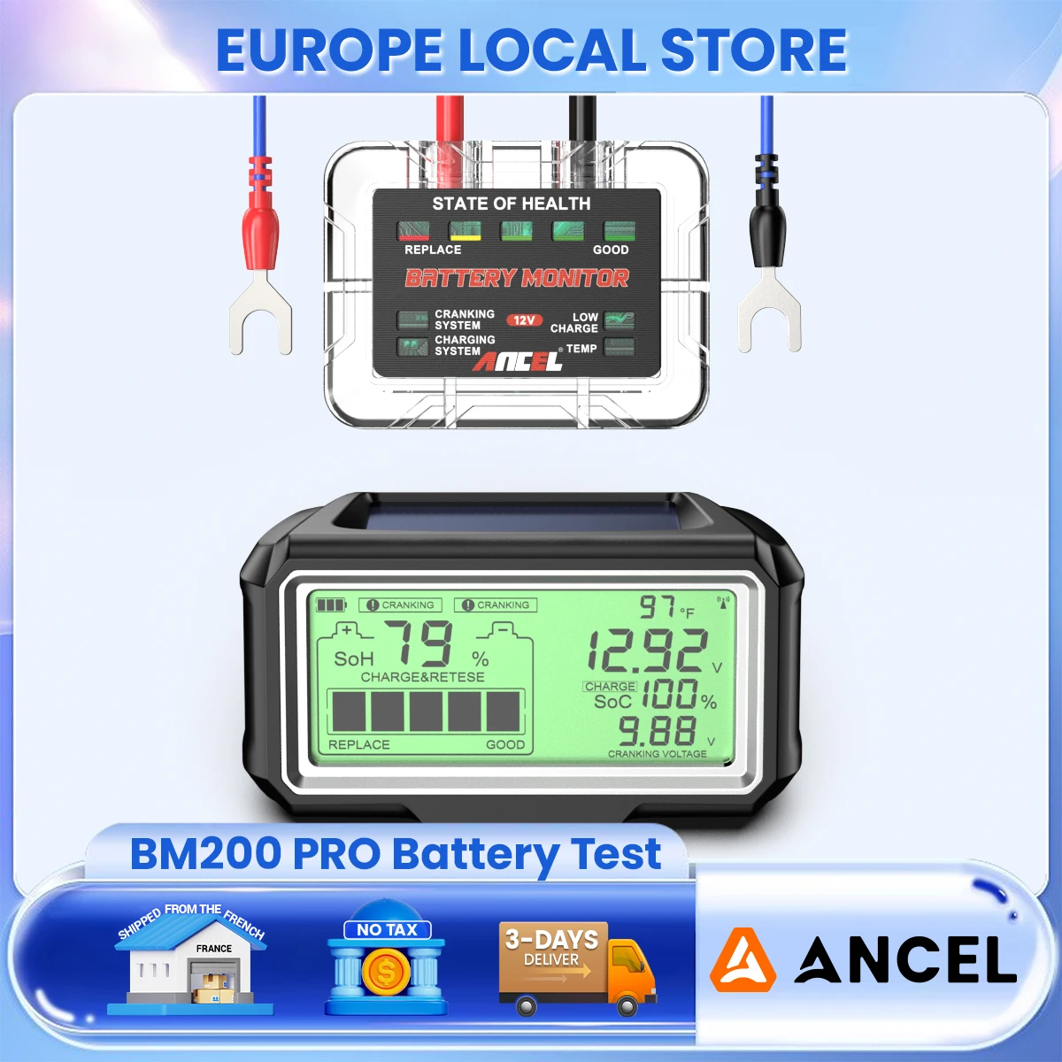 ANCEL BM200 PRO testeur de batterie de voiture 433MHz RF affichage solaire analyseur de batterie démarrage pour toutes les Batteries au plomb 12V