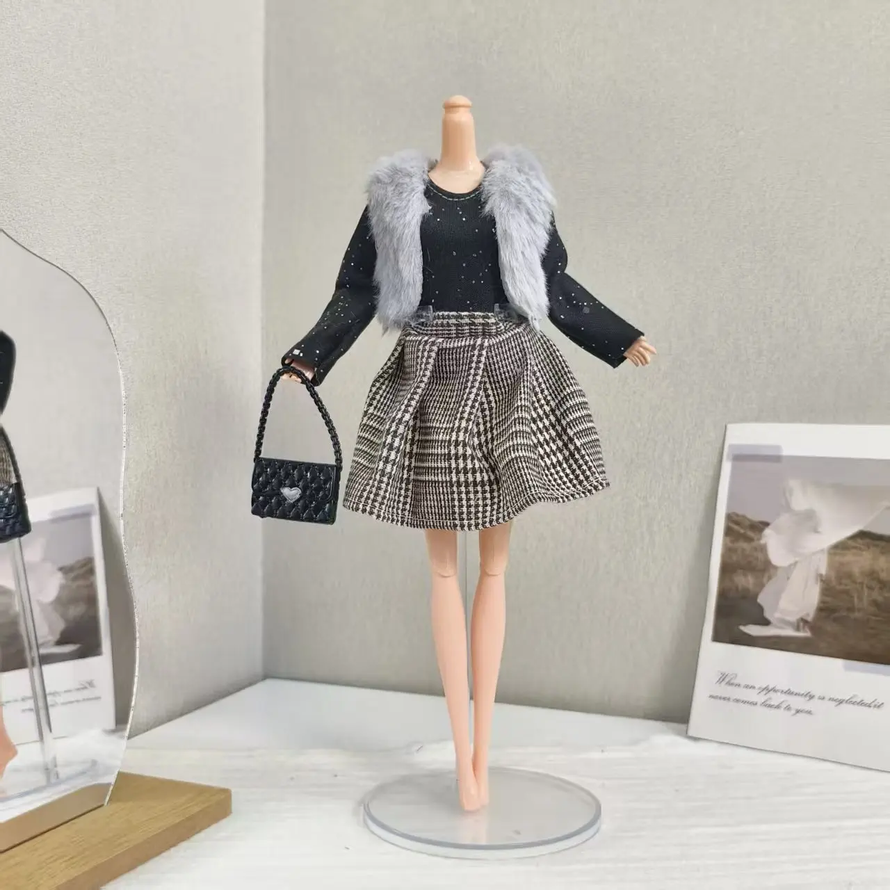 30cm boneca roupas acessórios moda inverno colete de pelúcia + vestido + bolsa conjunto para 1/6 bjd supermodelo boneca diário diy vestir-se