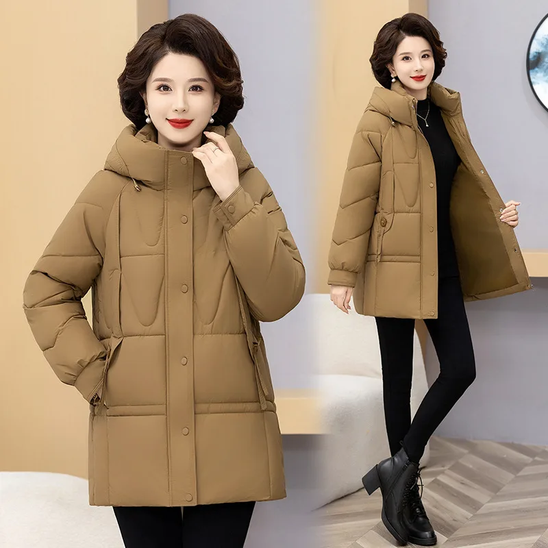 

2024New Women Jacket Thick Warm Mid Long Puffer Coat White Female Basic Snow Overcoat Winter Parkas Hooded Down Cotton Outerwear