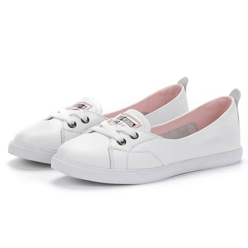 100% Genuine Leather Women Causal Shoes Female Spring Casual White Shoes Sneakers Slip On Flats Breathable Outdoors Feetwear